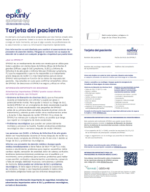 Descargue la tarjeta de bolsillo para el paciente de EPKINLY® (epcoritamab-bysp). Consulte la Información de prescripción completa, la Guía del medicamento y el Recuadro de advertencias.