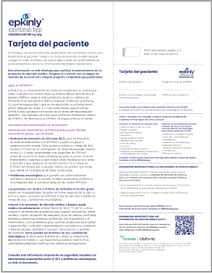 Descargue la tarjeta de bolsillo para el paciente de EPKINLY® (epcoritamab-bysp). Consulte la Información de prescripción completa, la Guía del medicamento y el Recuadro de advertencias.